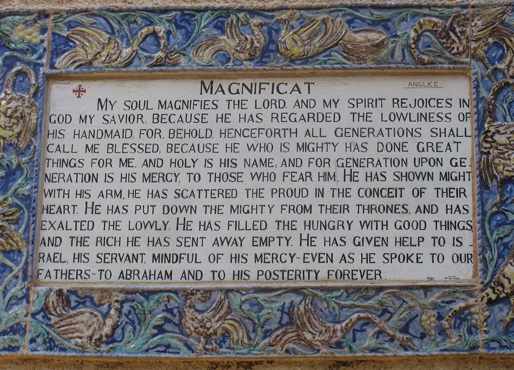 A plaque of the Magnificat in English is seen at the Church of the Visitation in Ein Karem, Jerusalem. (Wikimedia Commons/Deror avi)